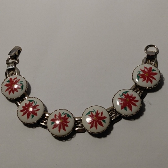 Vintage Christmas Pointsettia Porcelain Cabachon Filligreed Link Bracelet 7" - Picture 1 of 5